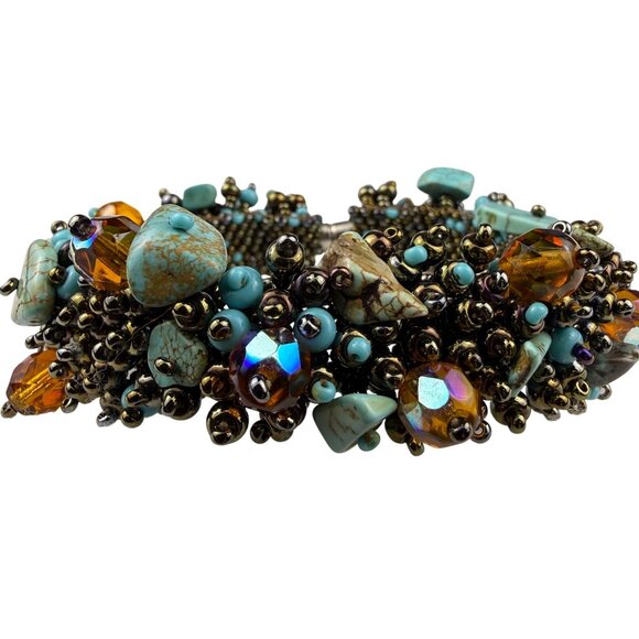 Vintage Capullo Magnetic Handwoven Seed Turquoise Beaded Bracelet - Picture 3 of 5